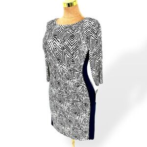 Lauren Ralph Lauren Chevron Dress 14 Navy & Cream Slimming Sheath Ruched Stretch